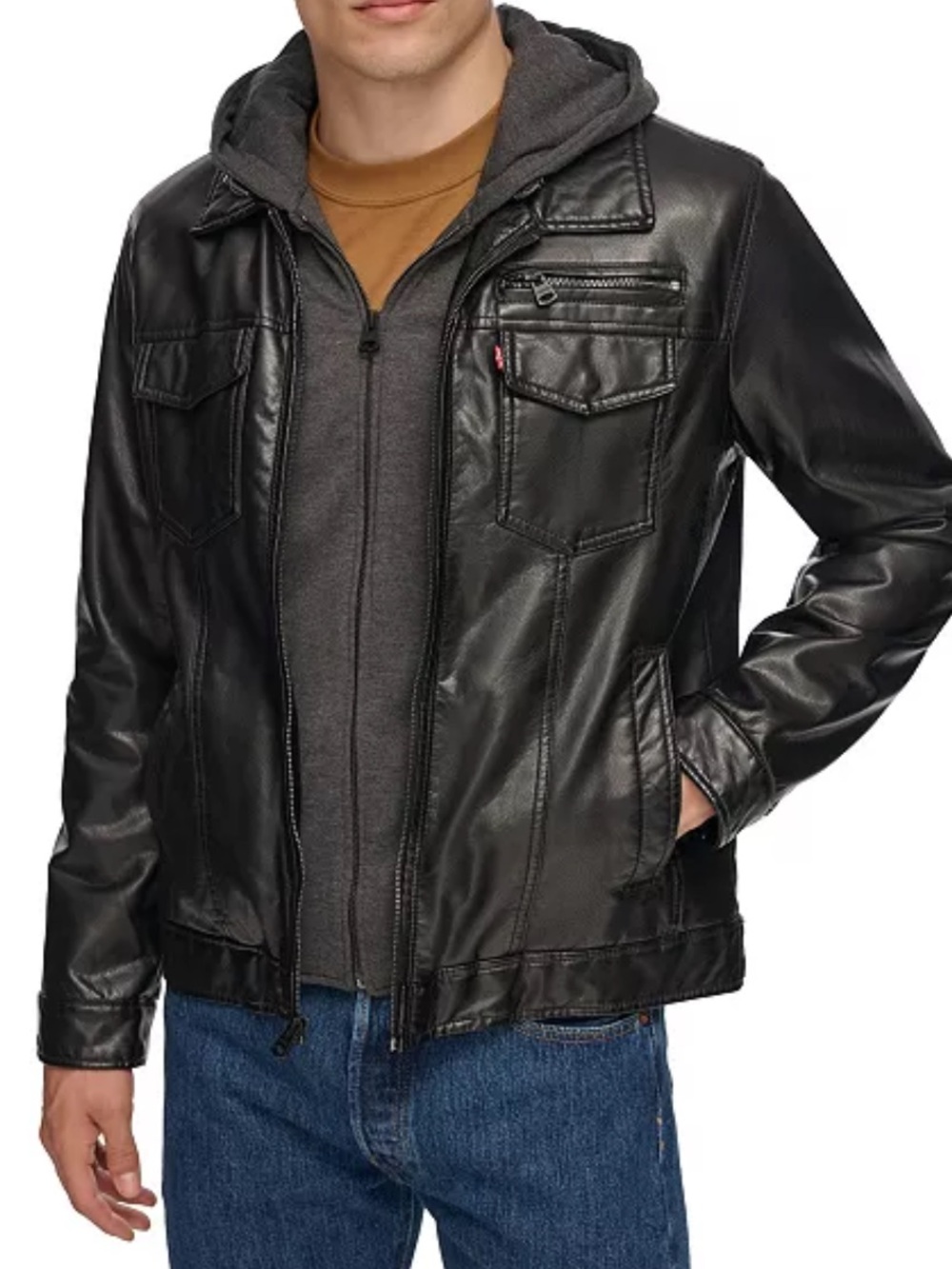 LEVI’S Black Faux Fur Jacket, Attached Gray Jersey Hood, Zip Closure Size Large